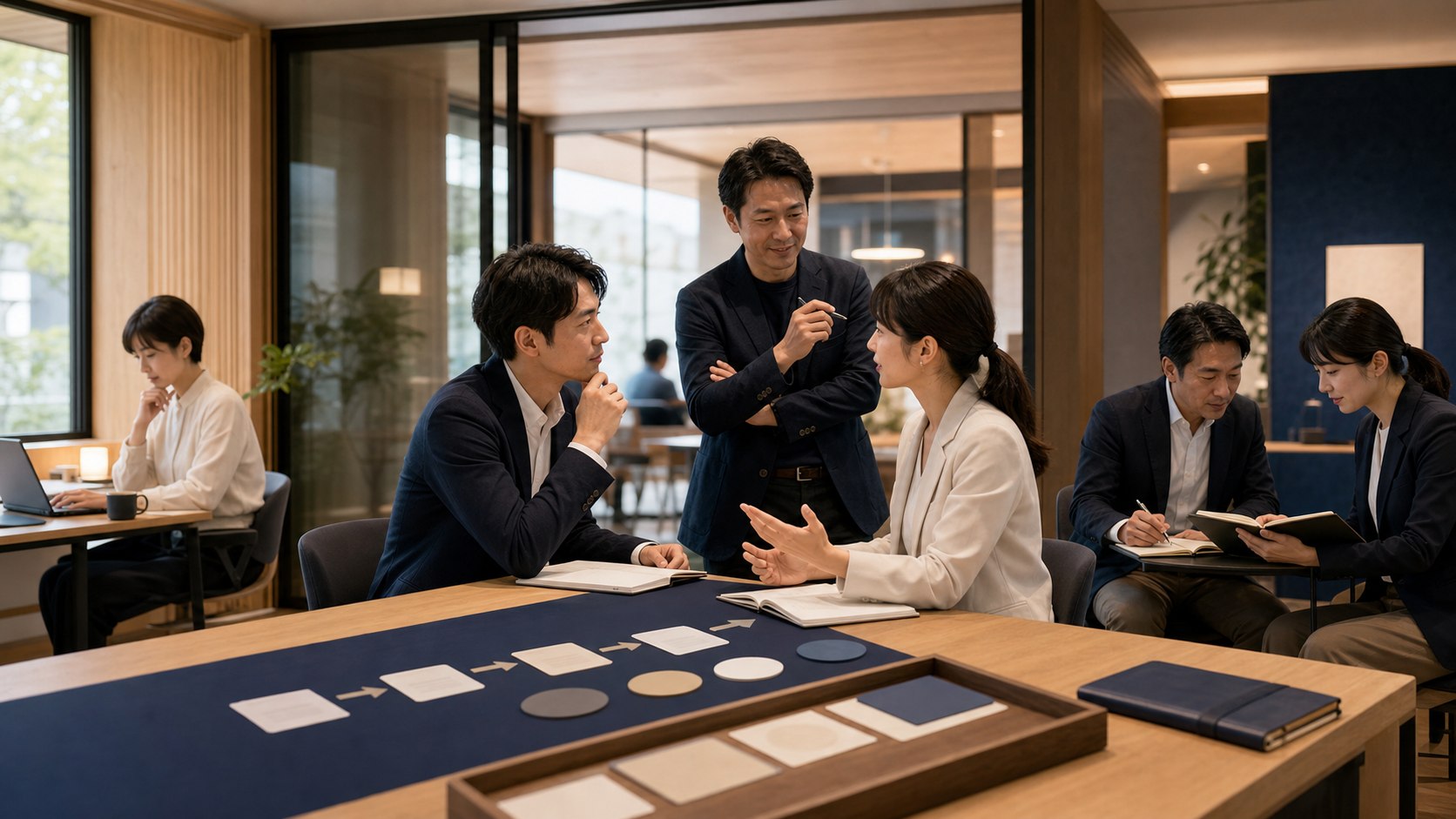 実践と振り返りを組み込んだ研修に取り組むビジネスチーム